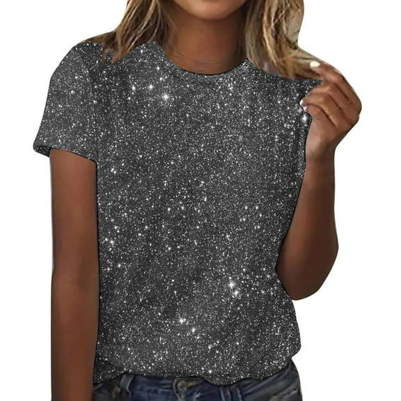 EINCcm Sparkly Tops for Women Novelty Sequin Printed Round Neck T Shirts Fashion Short Sleeve Summer Blouse