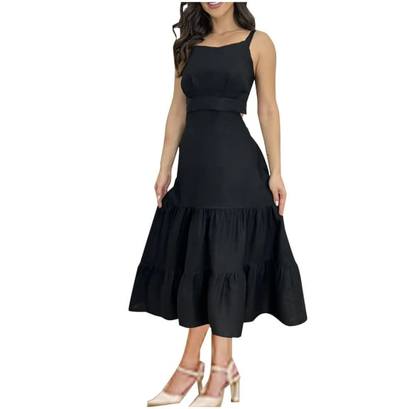 EINCcm Summer Dresses for Women Spaghetti Strap Open Back A-Line Midi Skirt Elegant Tiered Swing Vacation Dress
