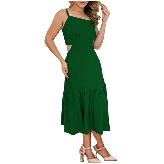 EINCcm Summer Dresses for Women Spaghetti Strap Open Back A-Line Midi Skirt Elegant Tiered Swing Vacation Dress