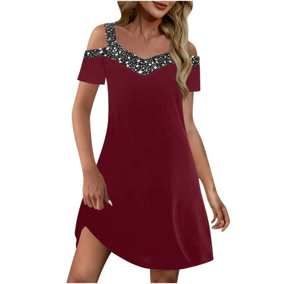 EINCcm Summer Mini Dresses for Women Cold Shoulder Plus Size Print Patchwork V Neck Short Sleeve Tunic Elegant Long Dress