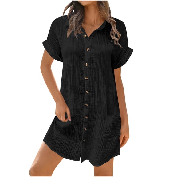 EINCcm Summer Shirt Mini Dresses for Women Collared V Neck Short Rolled Sleeve Button Down Casual Lounge Dress 2024 with Pocket