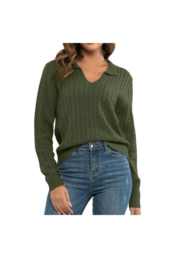 Sweaters for Women Polo V Neck Long Sleeve Chunky Cable Knit Pullovers Sweater Tops