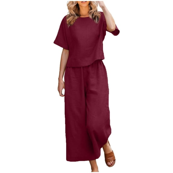 EINCcm Sweatsuit Sets Women 2 Piece Cotton Linen Lounge Sets Short Sleeve Crew Neck Pullover Tops Wide Leg Pants