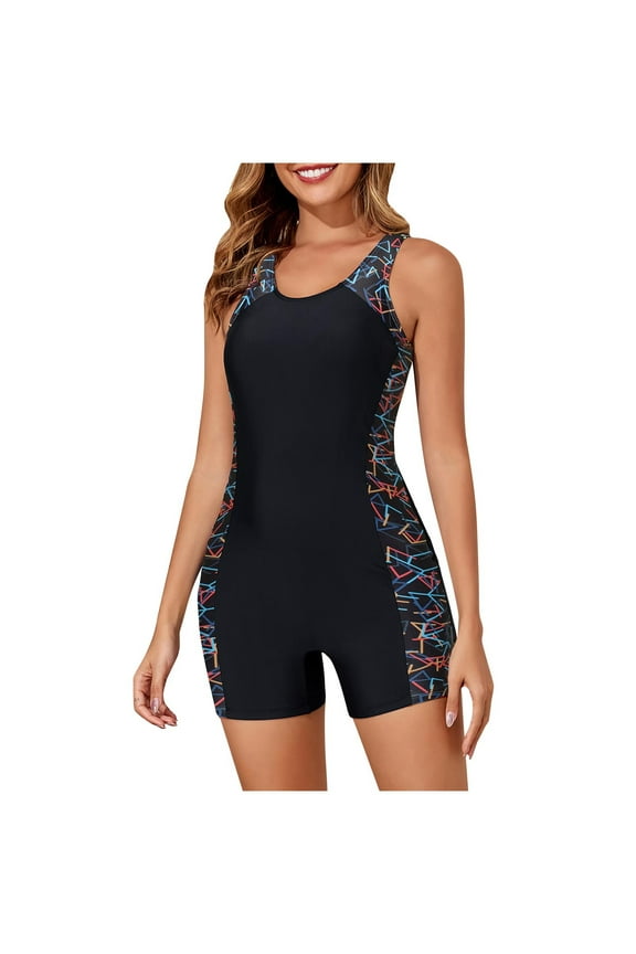 Swimsuit Women Boyleg One Piece Water Aerobic Competitive Bathing Suit Square Neck Wide Strap Sleeveless Full Coverage Swimwear