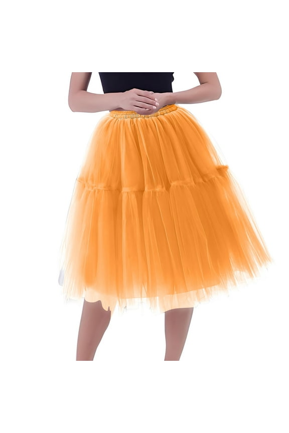 Tulle Skirts for Women Knee Midi Tutu Skirts High Waist Elastic Flowy Skirt Mesh Layered Ballet Skirt