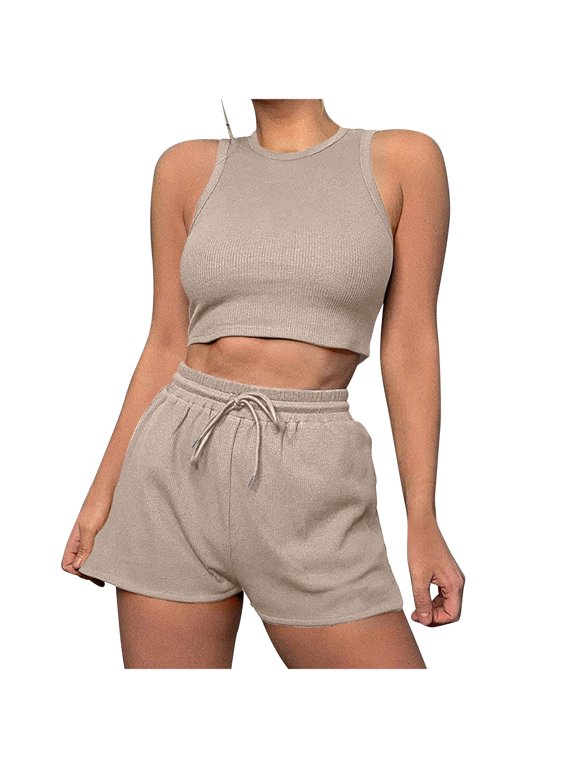 Two Piece Summer Outfits 2 Piece Sets Sleeveless Matching Lounge Crop Top Drawstring Elastic Waist Short