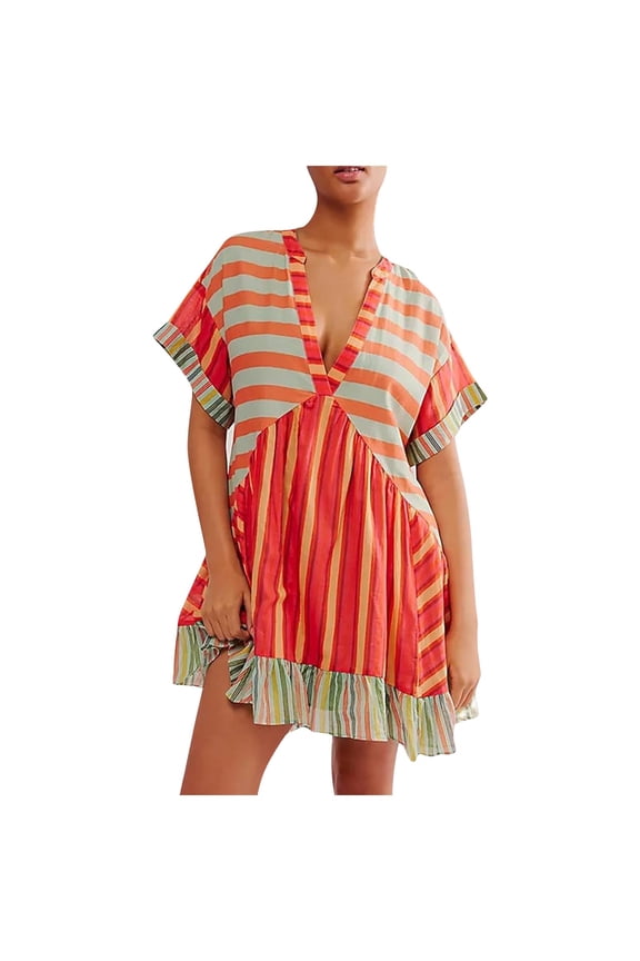 Women Boho Summer Mini Dresses Y2K Babydoll Flowy Dress Ruffle Mini Dress Deep V-Neck Casual Floral Sundress