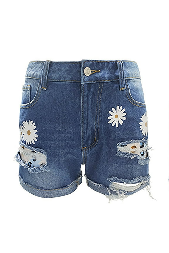 Women Denim Shorts Daisy Print Ripped Frayed Cuffed Mid Rise Jean Short Pants