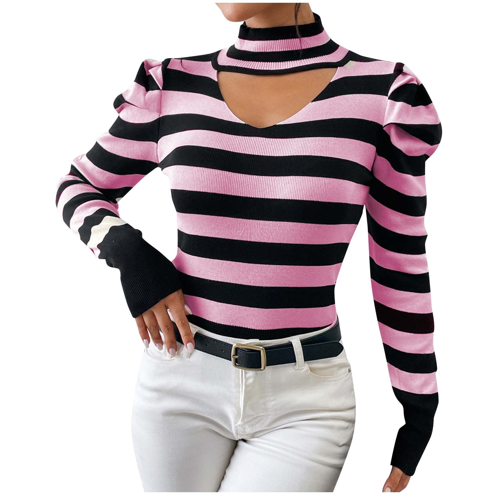 EINCcm Women Fitted Strip Knit Sweater Cut Out Turtleneck Keyhole Basic Casual Long Sleeve Jumper Pullover Tops