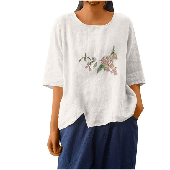 EINCcm Women Floral Print Linen Blouse Short Sleeve Gauze Crew Neck Tops Loose Fit Cotton Blouses Trendy Clothing