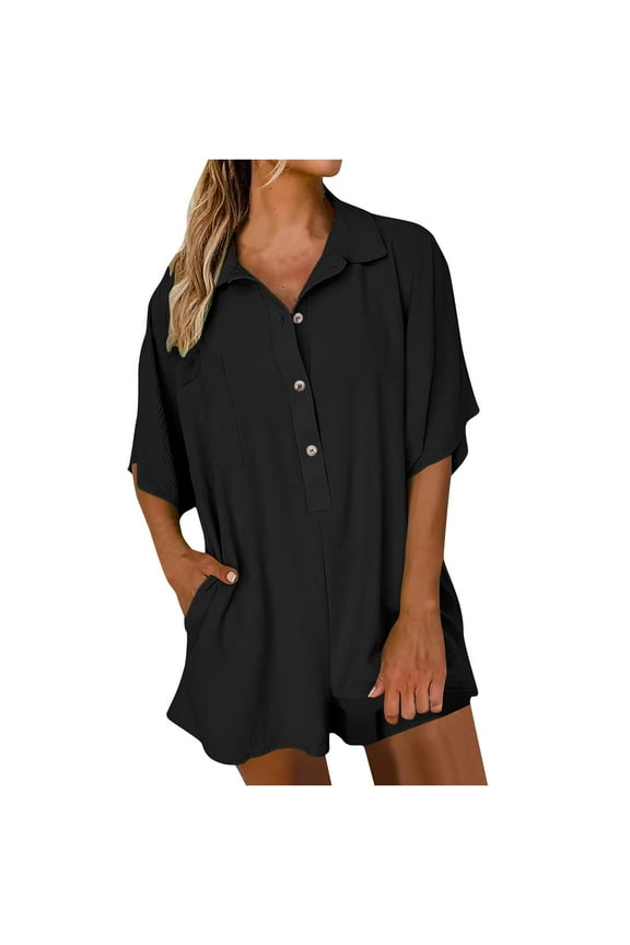 Women Half Button Collared Loose Romper Half Short Sleeve Athletic Jumpsuits Overalls Workout Shot Tee Romper with Pocket