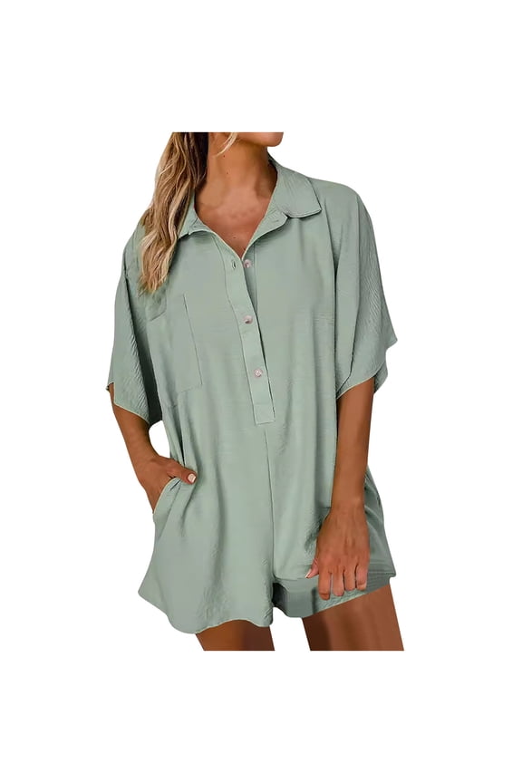 Women Half Button Collared Loose Romper Half Short Sleeve Athletic Jumpsuits Overalls Workout Shot Tee Romper with Pocket
