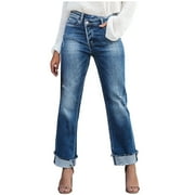 EINCcm Women High Crossover Waist Denim Pants Shift Ripped Cuffed Jeans Classic Denim Pants