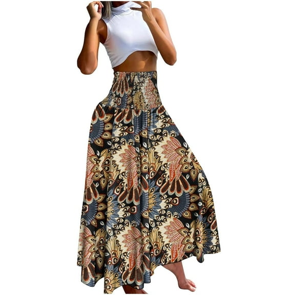 EINCcm Women Long Skirts Summer Spring Floral Ethnic Skirts Casual Elastic High Waist Pleated Swing A Line Boho Beach Maxi Skirt