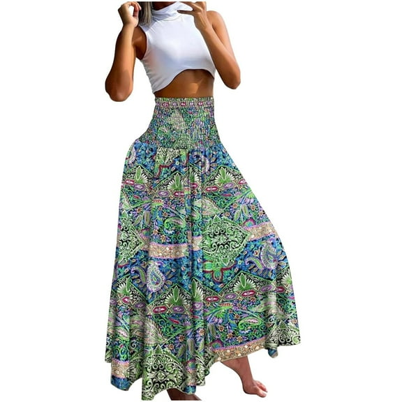 EINCcm Women Long Skirts Summer Spring Floral Ethnic Skirts Casual Elastic High Waist Pleated Swing A Line Boho Beach Maxi Skirt