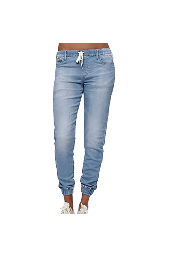 Women Low Waist Drawstring Denim Jean Elastic Band Slim Cuffed Jean Pants Trouser