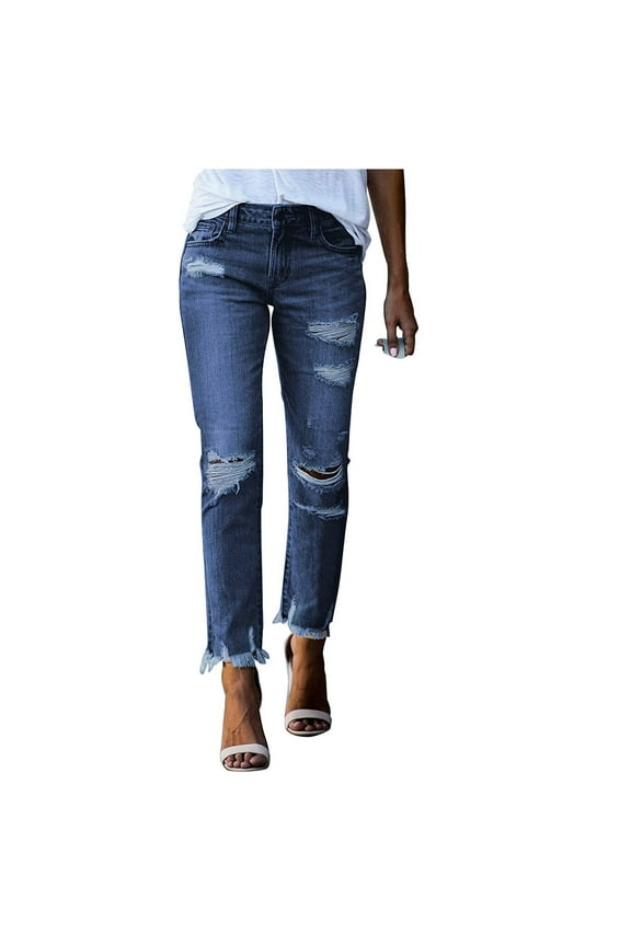 Women Mid or High Waist Straight Slim Jeans Ripped Frayed Raw Hem Jean Ankle Pants