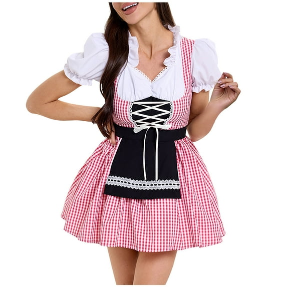 EINCcm Women Oktoberfest Dirndl Costume Plaid German Beer Festival Cosplay Bavarian Dress Halloween Fancy Dress with Apron