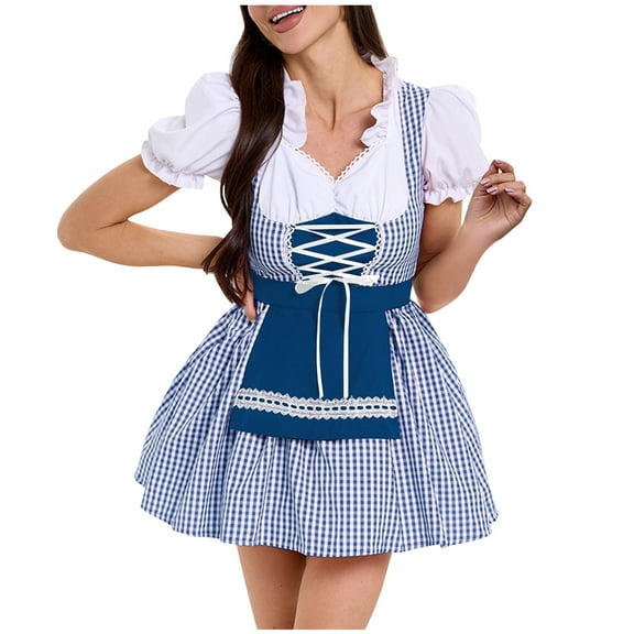 EINCcm Women Oktoberfest Dirndl Costume Plaid German Beer Festival Cosplay Bavarian Dress Halloween Fancy Dress with Apron