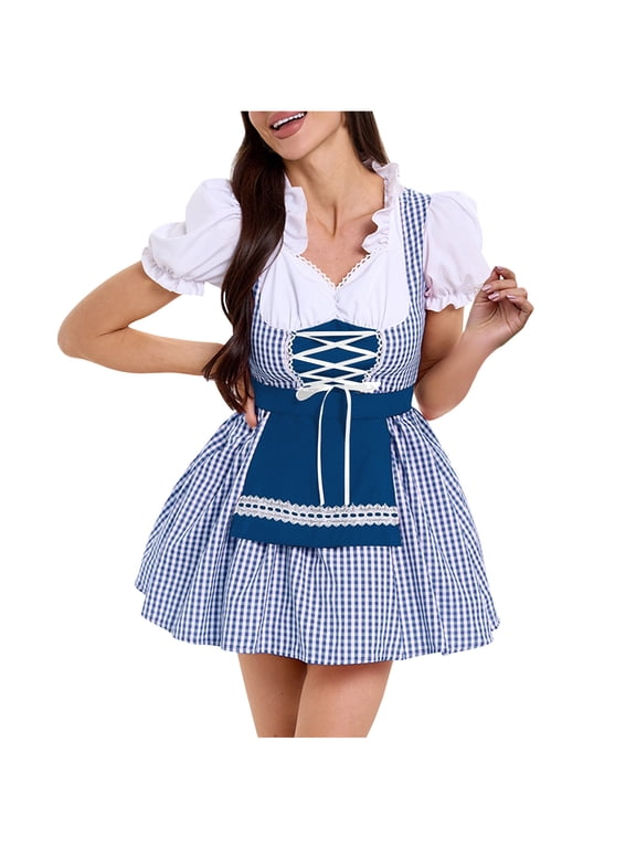 Women Oktoberfest Dirndl Costume Plaid German Beer Festival Cosplay Bavarian Dress Halloween Fancy Dress with Apron
