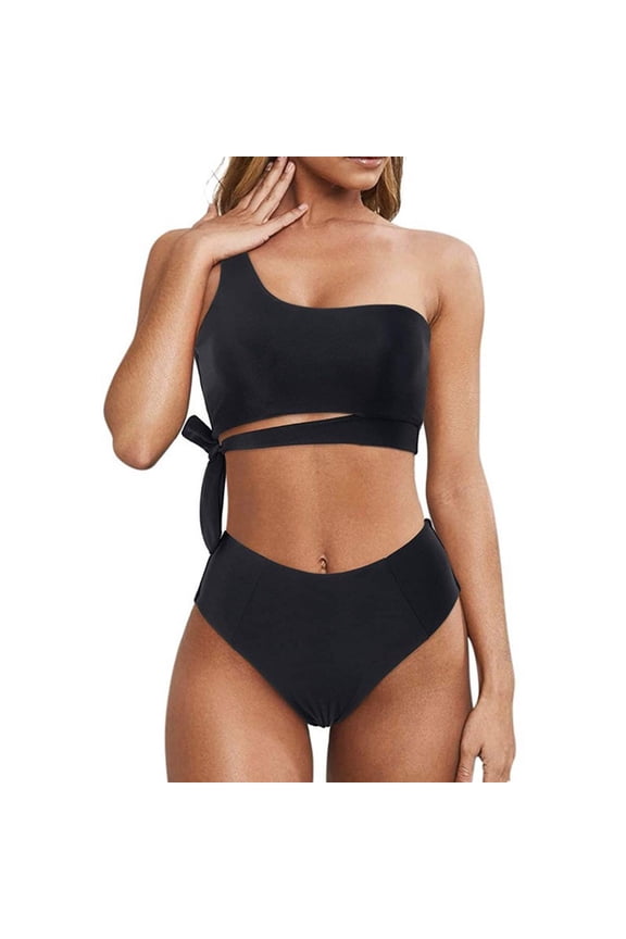 Women One Shoulder High Waisted Bikini Set Tie High Cut Two Piece Swimsuits Trendy Ruched Swimsuit