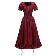 EINCcm Women Renaissance Costumes Medieval Dress Ruffle Trim Short Sleeve Square Neck Victorian High Low Long Dress
