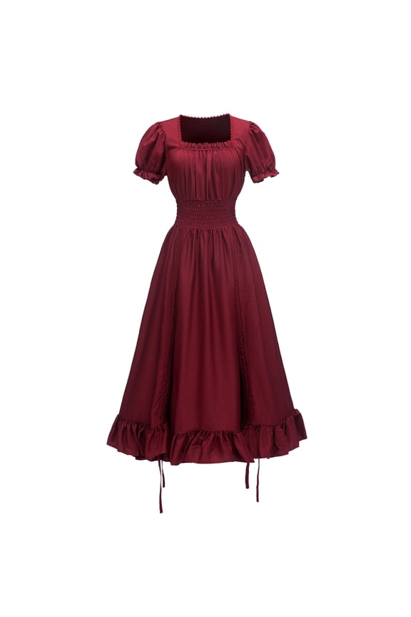 Women Renaissance Costumes Medieval Dress Ruffle Trim Short Sleeve Square Neck Victorian High Low Long Dress