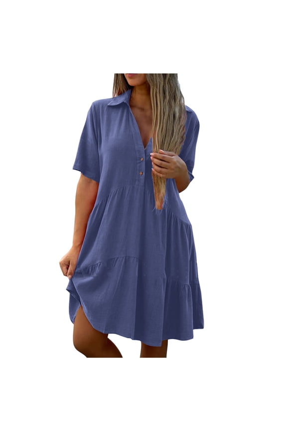 Women Shirt Summer Dresses Plus Size Collared V Neck Short Sleeve Half Button Tiered Flowy A Line Knee Dress