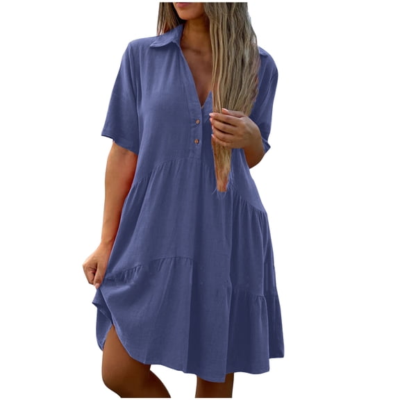 EINCcm Women Shirt Summer Dresses Plus Size Collared V Neck Short Sleeve Half Button Tiered Flowy A Line Knee Dress
