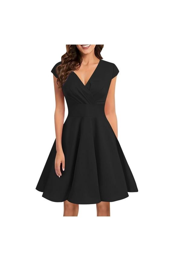 Women Short 1950s Retro Vintage Cocktail Party Swing Dresses Deep V Neck Short Sleeve A-Line Flowy Mini Summer Dresses