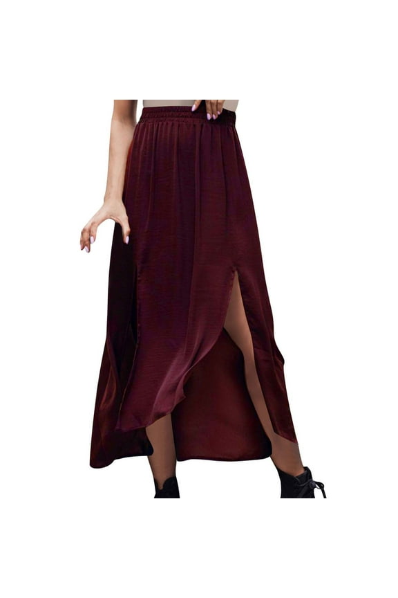 Women Slit Split Maxi Skirts High Waist Pleated Long Skirt Elastic Flowy Long Skirt