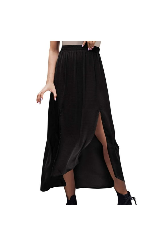 Women Slit Split Maxi Skirts High Waist Pleated Long Skirt Elastic Flowy Long Skirt