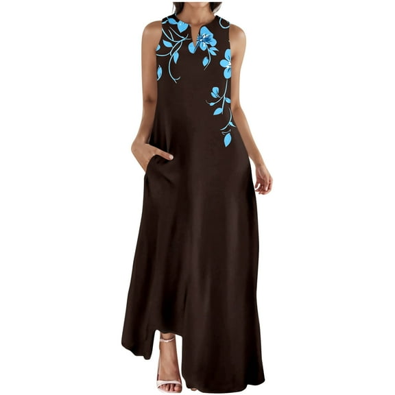 EINCcm Women Summer Dresses Trendy Floral Print Maxi Dress Casual Flowy Sleeveless V Neck Long Sundress with Pockets