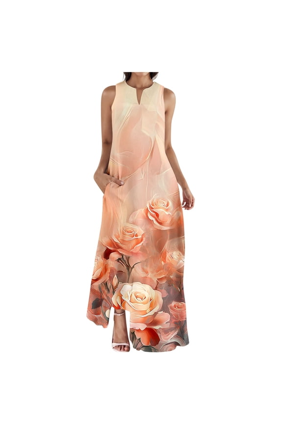 Women Summer Dresses Trendy Floral Print Maxi Dress Casual Flowy Sleeveless V Neck Long Sundress with Pockets