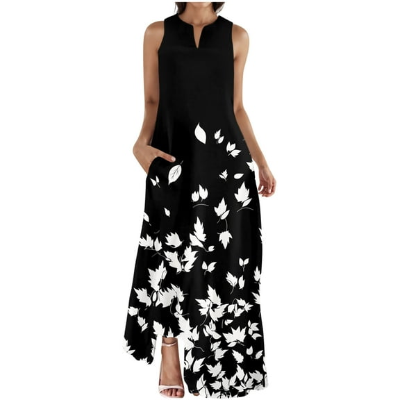 EINCcm Women Summer Dresses Trendy Floral Print Maxi Dress Casual Flowy Sleeveless V Neck Long Sundress with Pockets