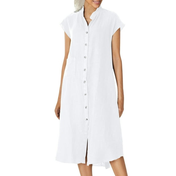 EINCcm Women Summer Loose Cap Short Sleeve Stand Collar Button Down Linen Shirt Dress Midi Casual Beach Dress with Pocket