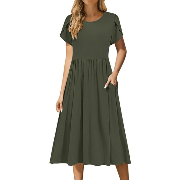 EINCcm Women Summer Short Sleeve Midi Dress with Pockets Casual Aline Flowy Shirt Dress Floral Vacation Beach Sundress