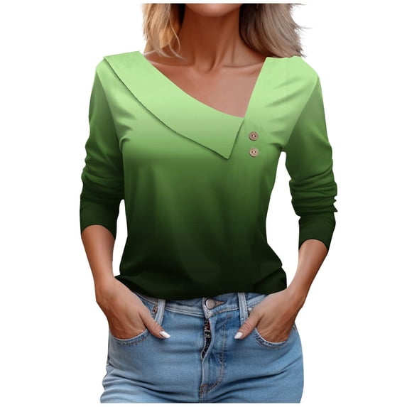 EINCcm Women Tops Spring Fall 2024 Long Sleeve V Neck Loose Printed Tshirts Asymmetric Button Blouses Business Casual Tunic