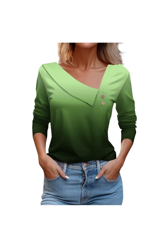 Women Tops Spring Fall 2024 Long Sleeve V Neck Loose Printed Tshirts Asymmetric Button Blouses Business Casual Tunic