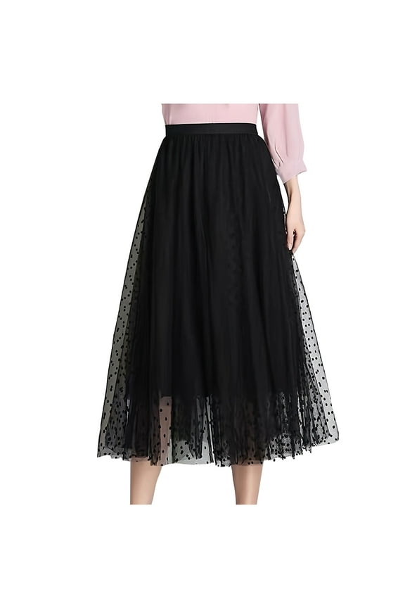 Women Tutu Tulle Skirt Elastic High Waist Layered Skirt Floral Polka Mesh A-Line Midi Skirt
