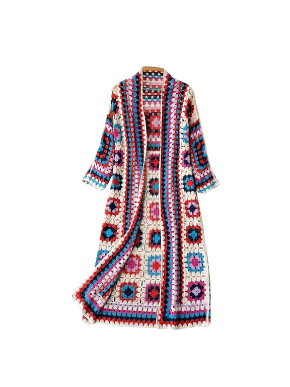 Women Vintage Crochet Granny Square Cardigan Jumper Long Sleeve Open Front Floral Knit Sweater Knitwear Long Cardigan