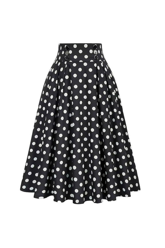 Women Vintage Long Skirt High Waist Pleated Skirt Midi A-Line Skirt Polka Dots Retro 1950S Skirts