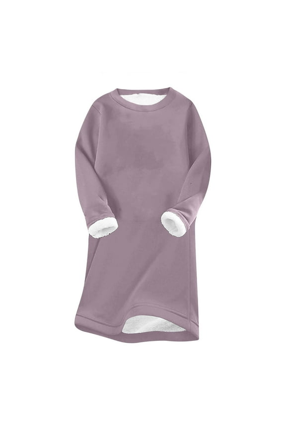 Women Warm Sherpa Lined Dress Mini Long Sleeve Crewneck Pullover Thick Winter Fleece Dresses