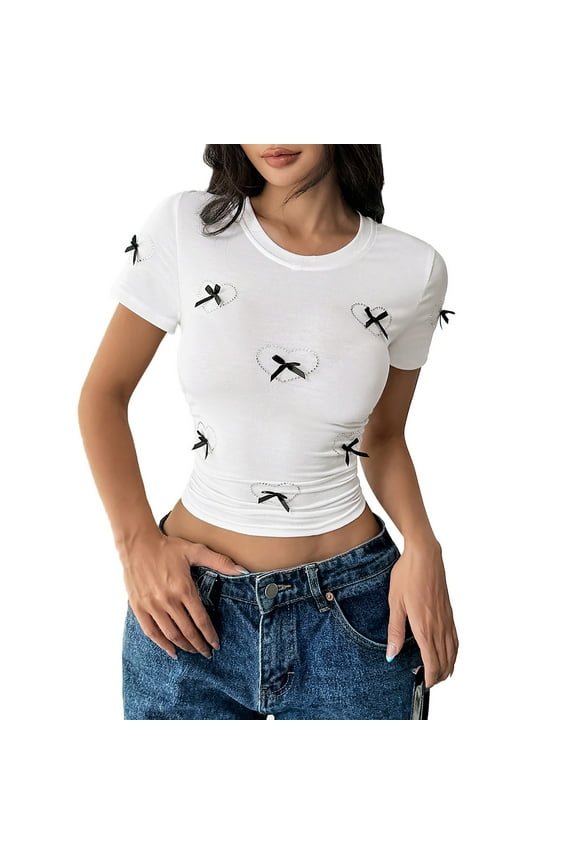 Women Y2k Print Crop Tees Short Sleeve Crew Neck Cute Bows Aesthetic T Shirt Summer Slim Fit Teen Clothes