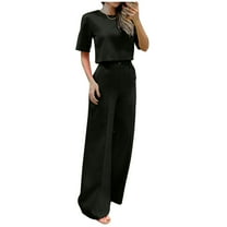 EINCcm Women's 2 Piece Outfits Short Sleeve Crop Top and Wide Leg Work Pants with Pockets Business Matching Set Trendy Clothes