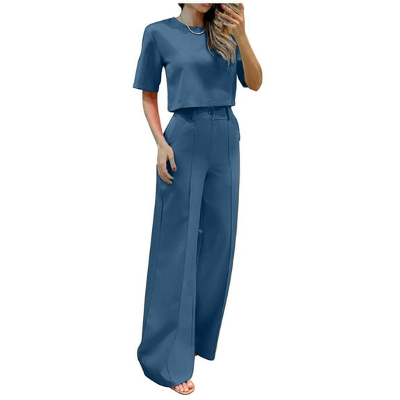 EINCcm Women's 2 Piece Outfits Short Sleeve Crop Top and Wide Leg Work Pants with Pockets Business Matching Set Trendy Clothes