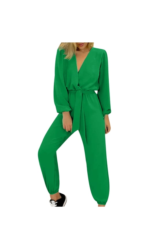 Women's 2024 Jumpsuits Summer Spring Low Cut V Neck Long Sleeve Belt Tied Long Pants Romper Jumpsuit