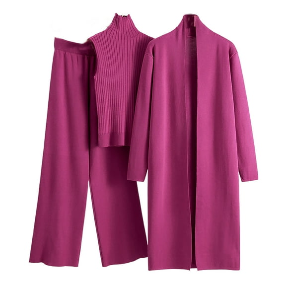 EINCcm Women's 3 Piece Knit Lounge Set Long Sleeve Cardigan Sleeveless Turtleneck Tank Top and Wide Leg Pants Matching Set