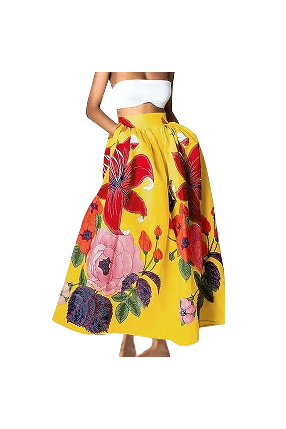 Women's Boho Floral Printed Maxi Skirt Summer Beach High Waisted Mopping Floor Length A Line Long Skirts with Pockets