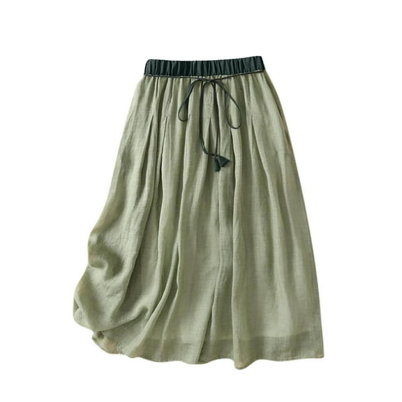 EINCcm Women's Cotton Linen Skirts Drawstring High Waist Skirts Plain Layered A-Line Flared Flowy Midi Long Skirts